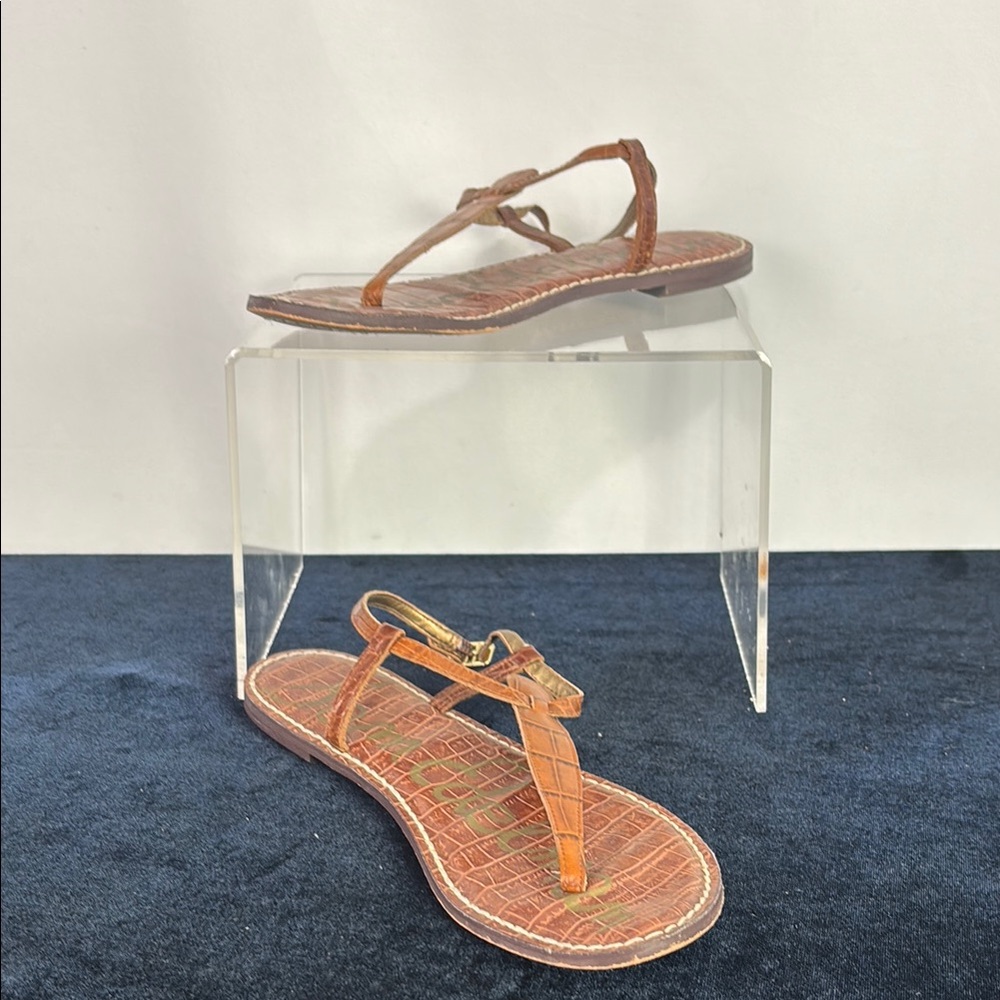 Sam Edelman Brown Croc-Effect Leather T-Strap Sandals